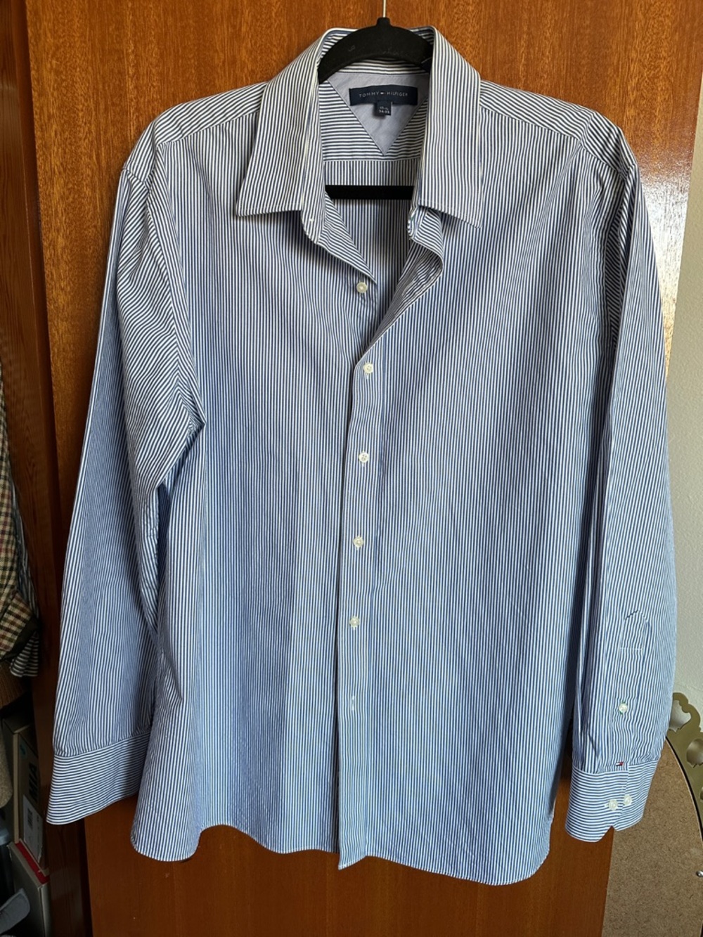 Tommy Hilfiger Men’s Navy and White Pinstripe Dress Shirt
